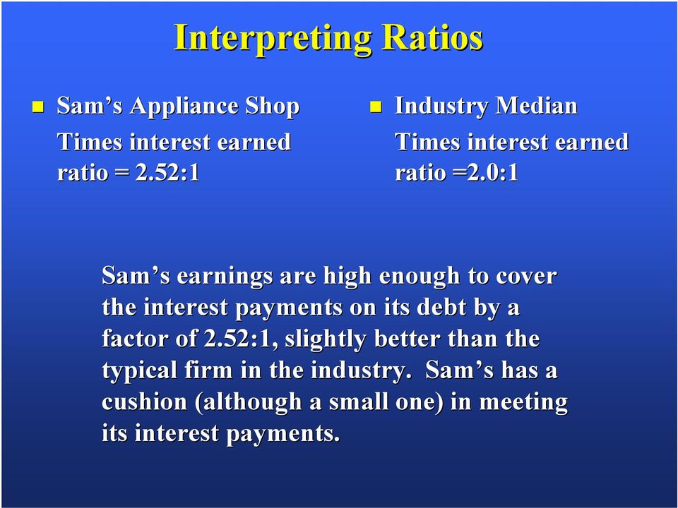 0:1 Sam s earnings are high enough to cover the interest payments on its debt by a factor