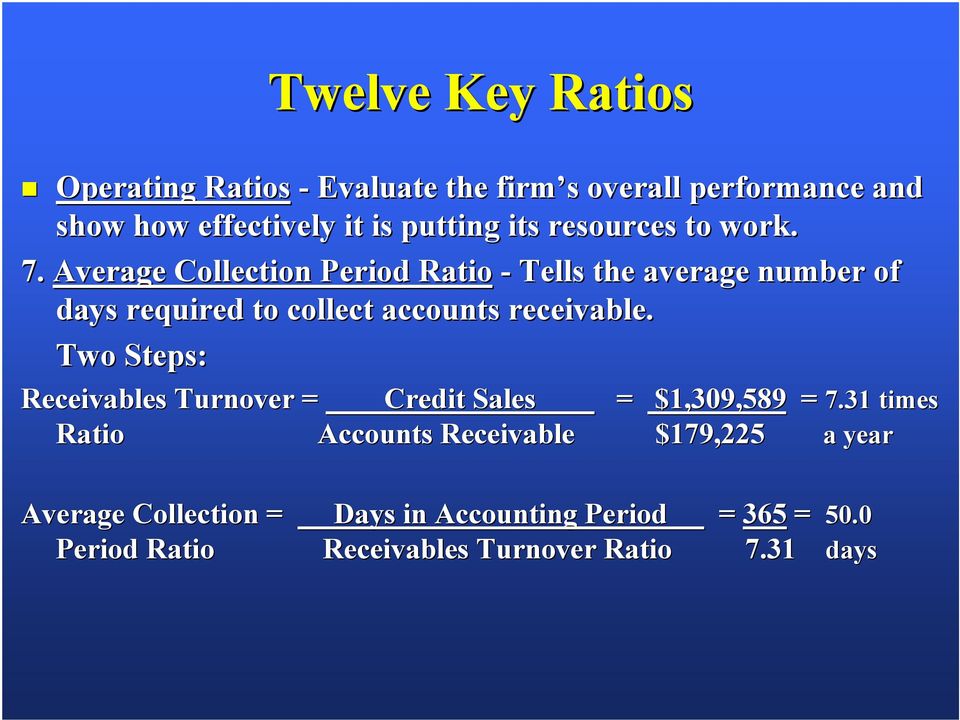 Average Collection Period Ratio - Tells the average number of days required to collect accounts receivable.