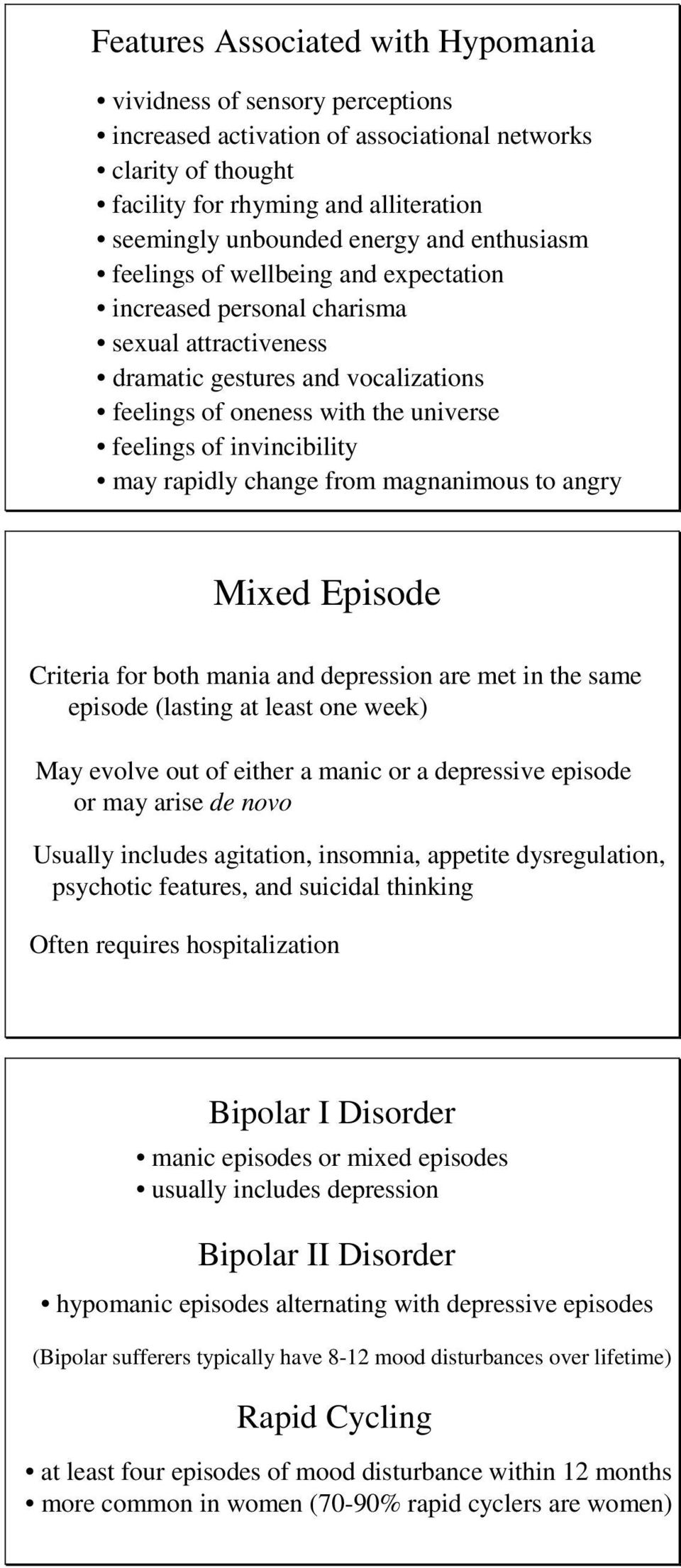 invincibility may rapidly change from magnanimous to angry Mixed Episode Criteria for both mania and depression are met in the same episode (lasting at least one week) May evolve out of either a