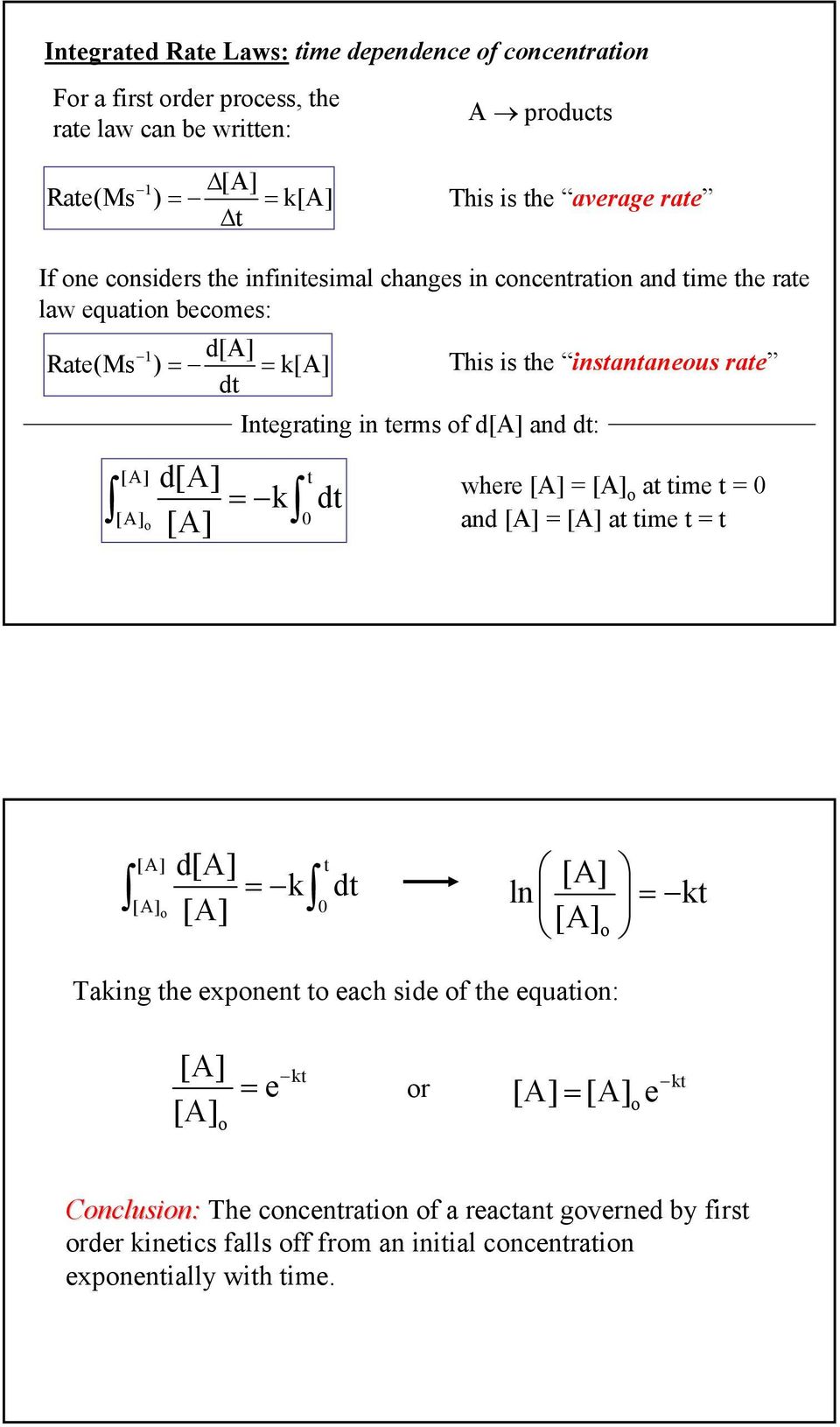 Integrating in terms of d and dt: d t = k dt where = o at time t = 0 and = at time t = t 0 o d t = k dt ln o = kt Taking the exponent to each side of the