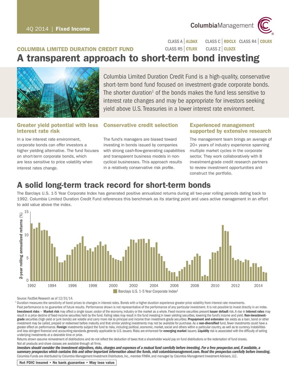 The shorter duration 1 of the bonds makes the fund less sensitive to interest rate changes and may be appropriate for investors seeking yield above U.S.