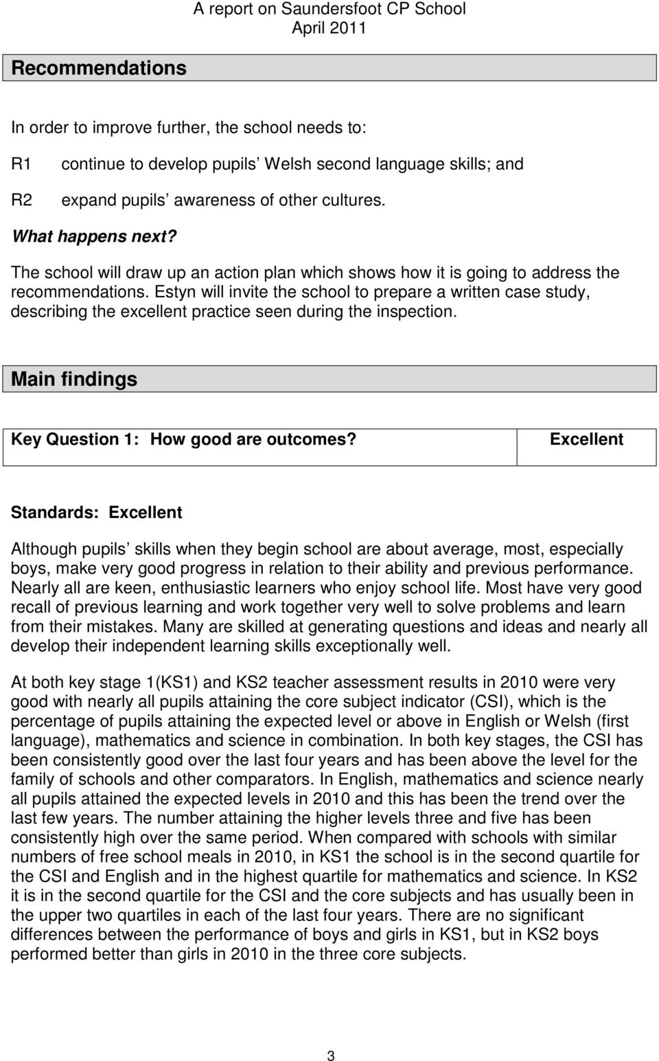 Estyn will invite the school to prepare a written case study, describing the excellent practice seen during the inspection. Main findings Key Question 1: How good are outcomes?