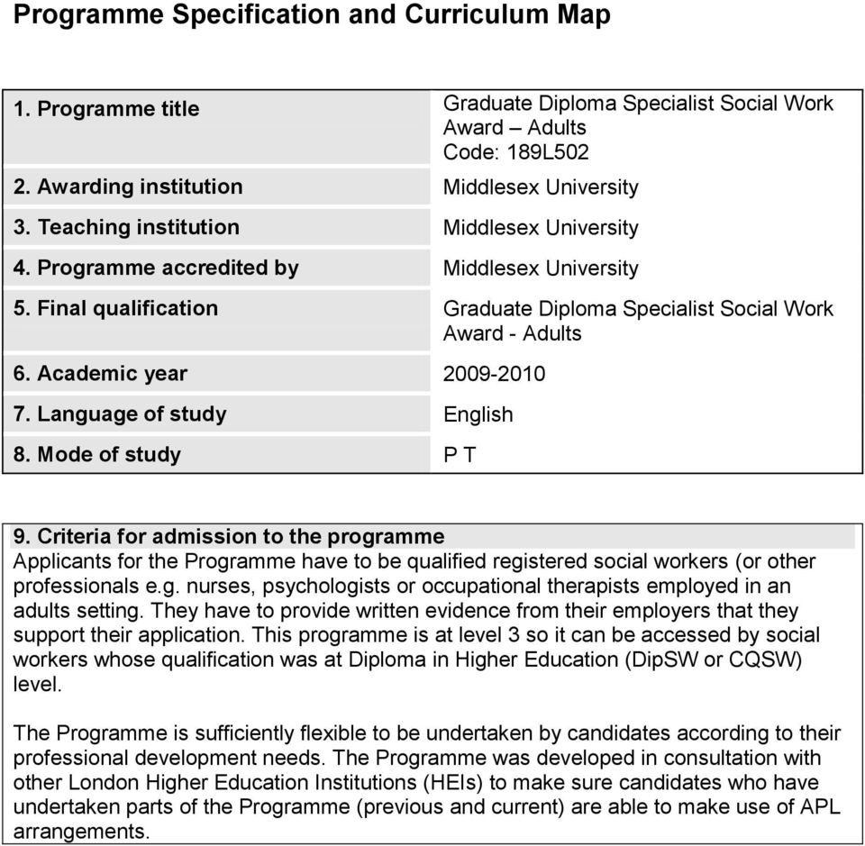 Language of study English 8. Mode of study P T 9. Criteria for admission to the programme Applicants for the Programme have to be qualified registered social workers (or other professionals e.g. nurses, psychologists or occupational therapists employed in an adults setting.
