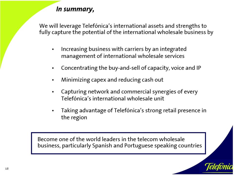 Minimizing capex and reducing cash out Capturing network and commercial synergies of every Telefónica s international wholesale unit Taking advantage of