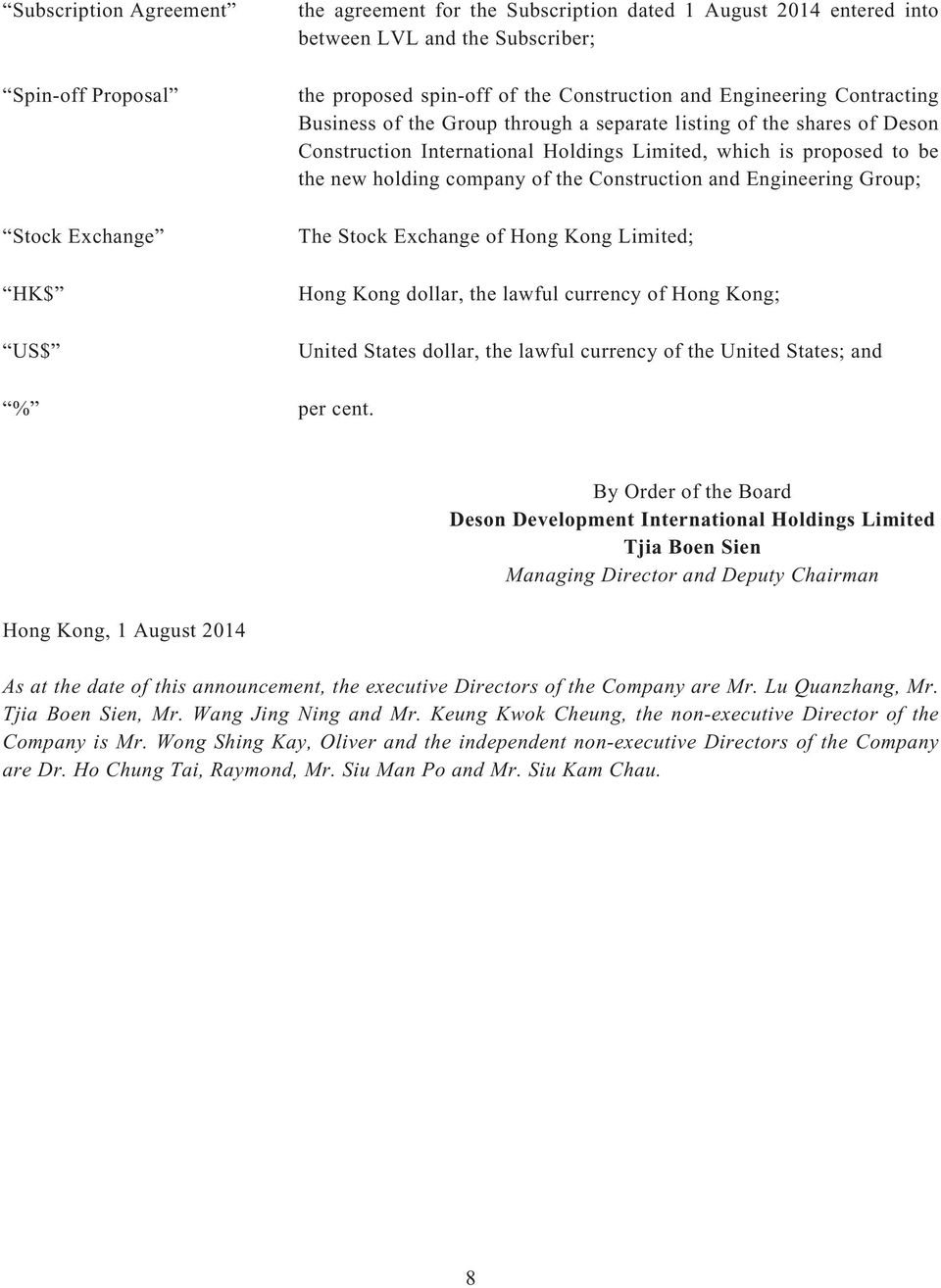 company of the Construction and Engineering Group; The Stock Exchange of Hong Kong Limited; Hong Kong dollar, the lawful currency of Hong Kong; United States dollar, the lawful currency of the United