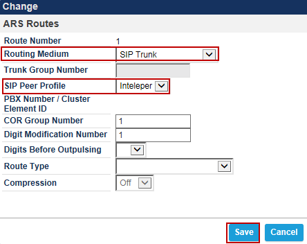 ARS Routes Navigation: Call Routing > Automatic Route Selection > ARS Routes 1. Create a route for SIP Trunks connecting a trunk to IntelePeer.