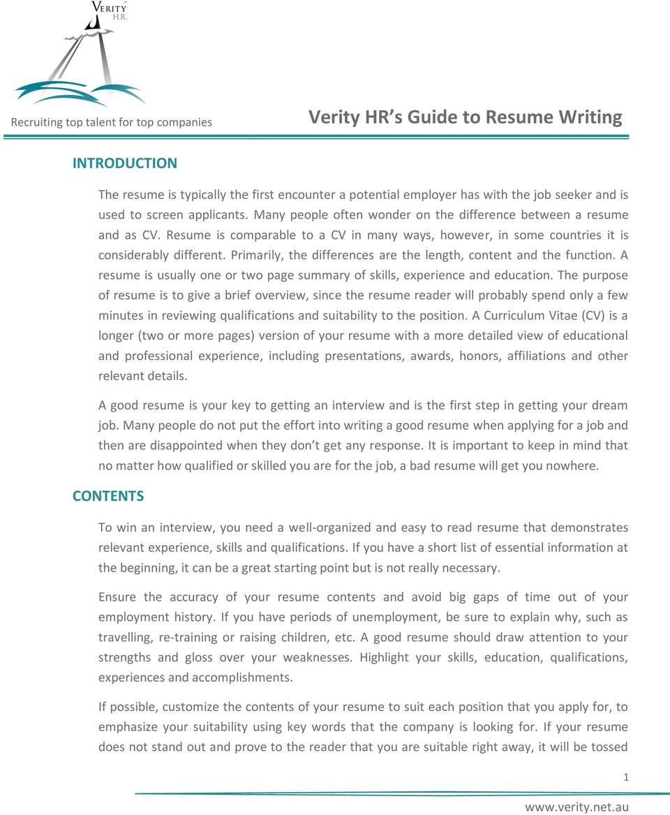Primarily, the differences are the length, content and the function. A resume is usually one or two page summary of skills, experience and education.