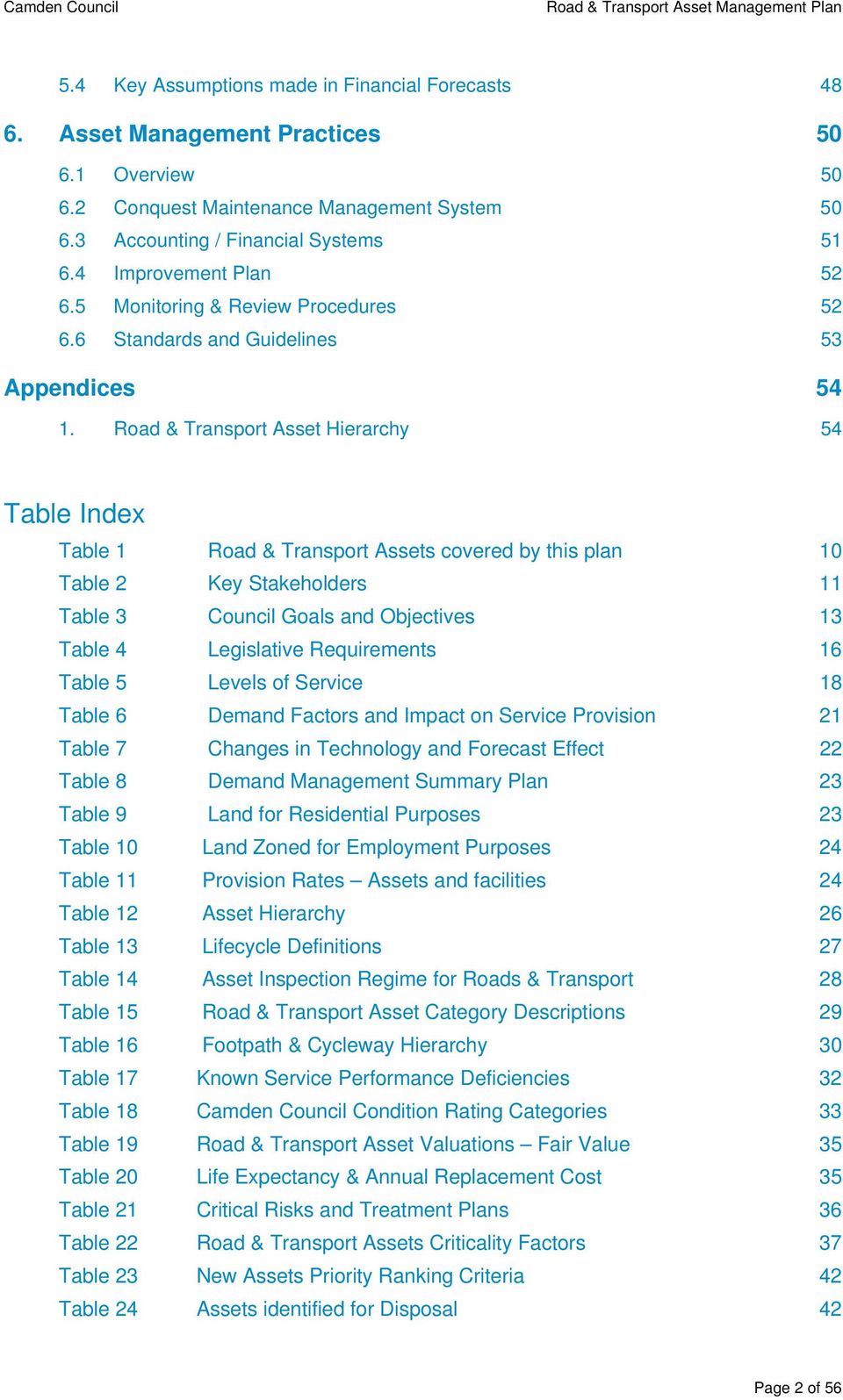 Road & Transport Asset Hierarchy 54 Table Index Table 1 Road & Transport Assets covered by this plan 10 Table 2 Key Stakeholders 11 Table 3 Council Goals and Objectives 13 Table 4 Legislative