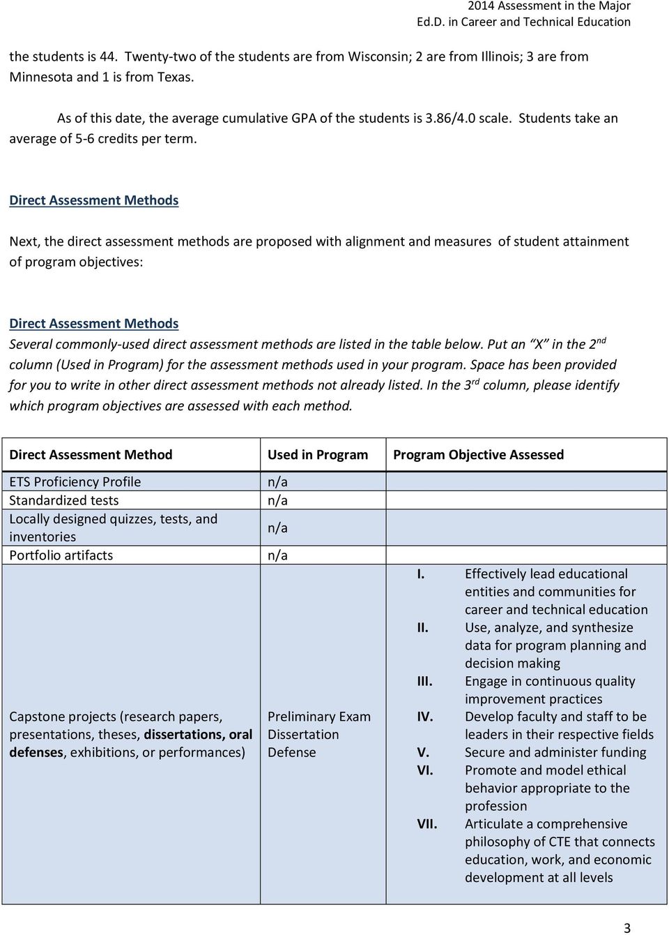 Direct Assessment Methods Next, the direct assessment methods are proposed with alignment and measures of student attainment of program objectives: Direct Assessment Methods Several commonly-used