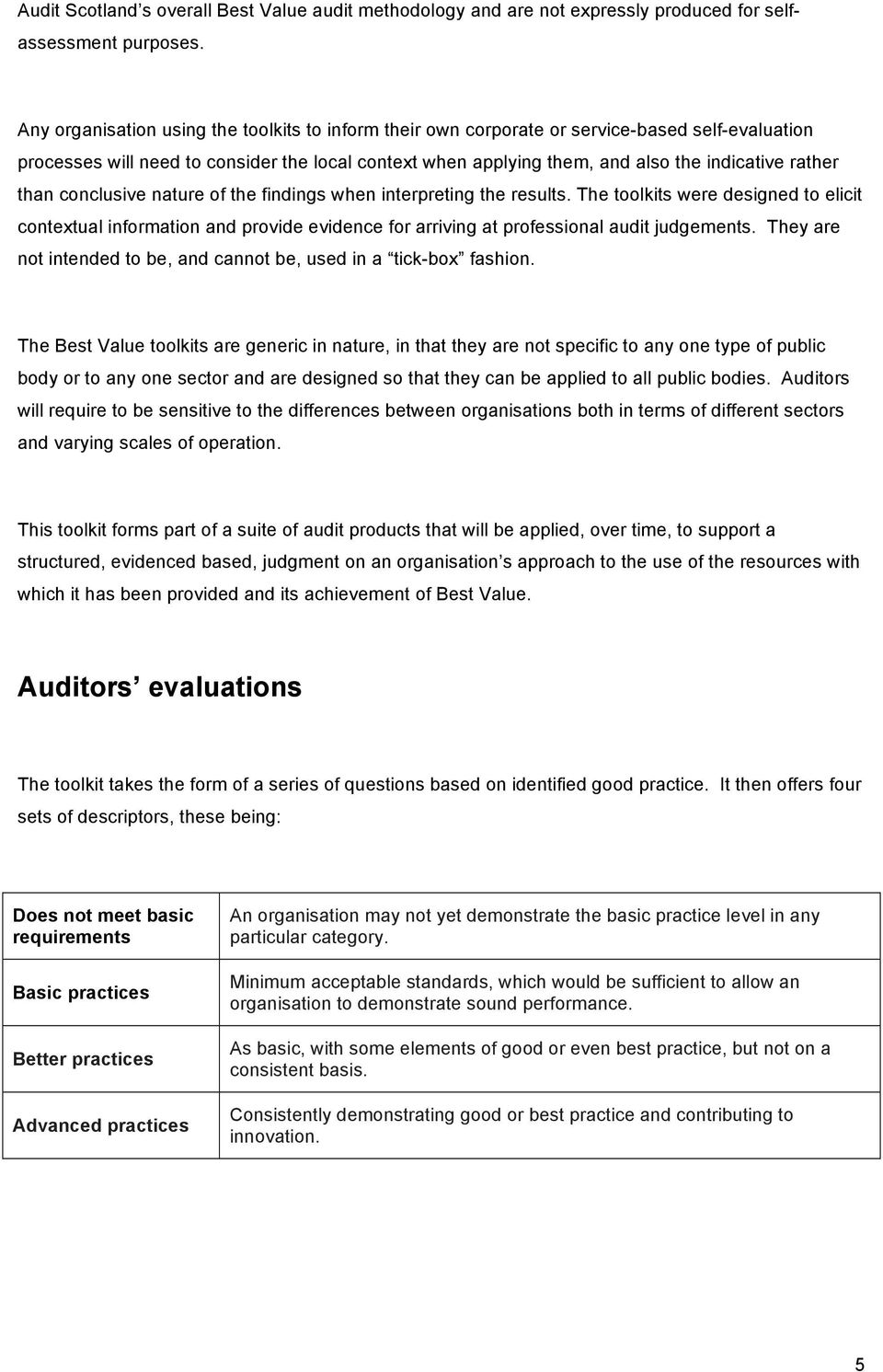 than conclusive nature of the findings when interpreting the results. The toolkits were designed to elicit contextual information and provide evidence for arriving at professional audit judgements.