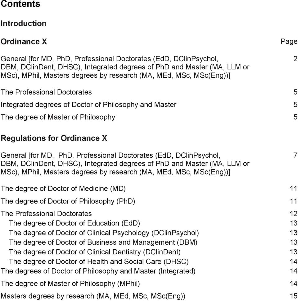 Ordinance X General [for MD, PhD, Professional Doctorates (EdD, DClinPsychol, DBM, DClinDent, DHSC), Integrated degrees of PhD and Master (MA, LLM or MSc), MPhil, Masters degrees by research (MA,