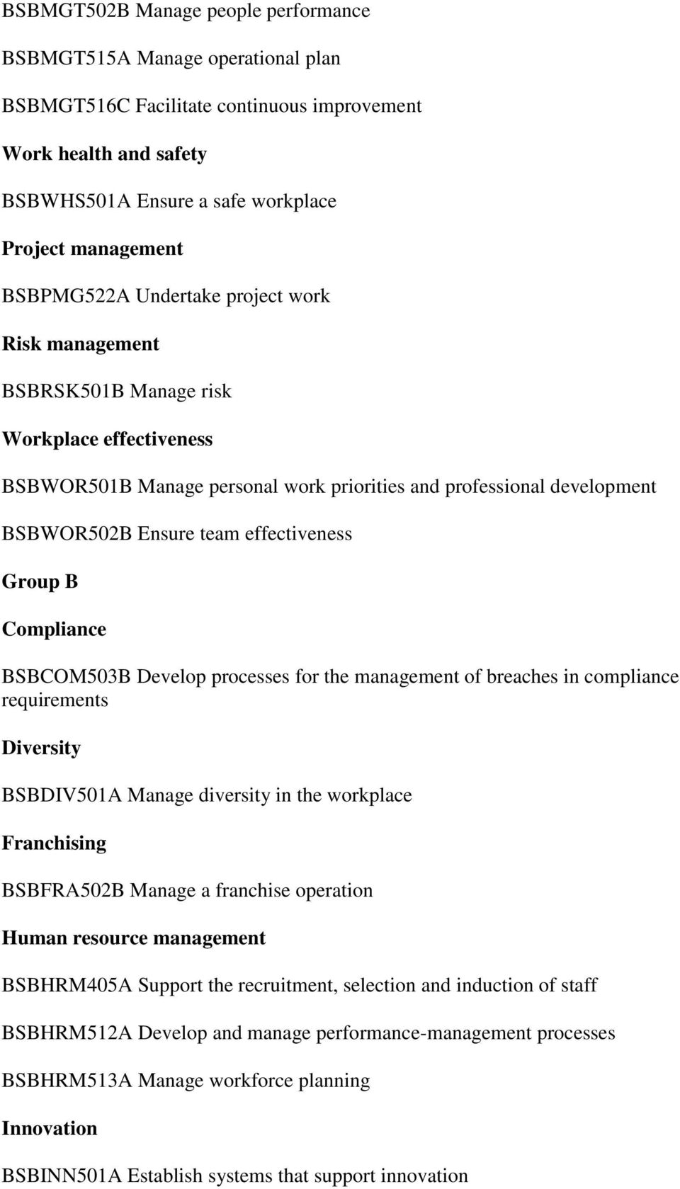 effectiveness Group B Compliance BSBCOM503B Develop processes for the management of breaches in compliance requirements Diversity BSBDIV501A Manage diversity in the workplace Franchising BSBFRA502B