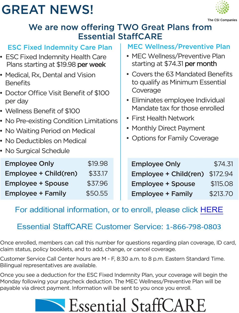 Deductibles on Medical No Surgical Schedule MEC Wellness/Preventive Plan MEC Wellness/Preventive Plan starting at $74.