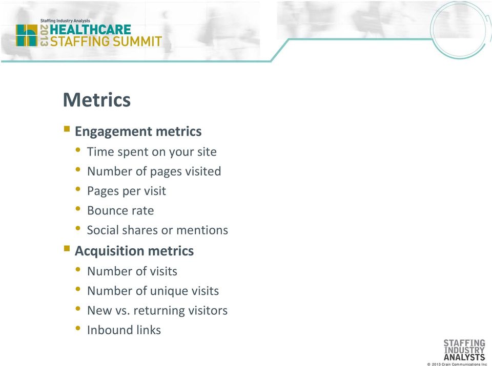 shares or mentions Acquisition metrics Number of visits