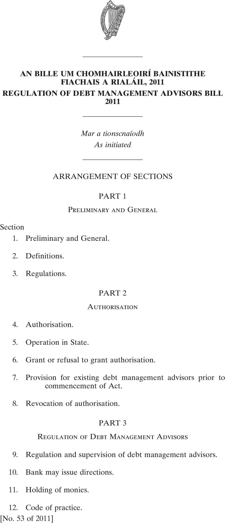 Grant or refusal to grant authorisation. 7. Provision for existing debt management advisors prior to commencement of Act. 8. Revocation of authorisation.