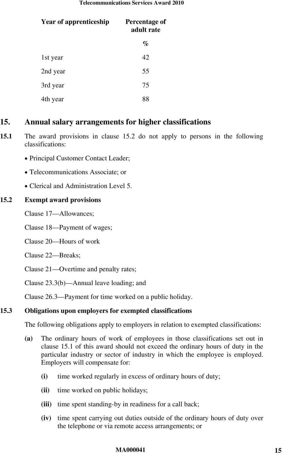 2 Exempt award provisions Clause 17 Allowances; Clause 18 Payment of wages; Clause 20 Hours of work Clause 22 Breaks; Clause 21 Overtime and penalty rates; Clause 23.
