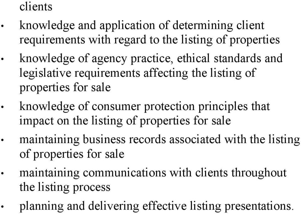 protection principles that impact on the listing of properties for sale maintaining business records associated with the listing of