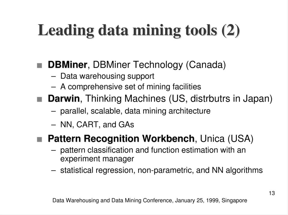 scalable, data mining architecture NN, CART, and GAs Pattern Recognition Workbench, Unica (USA) pattern