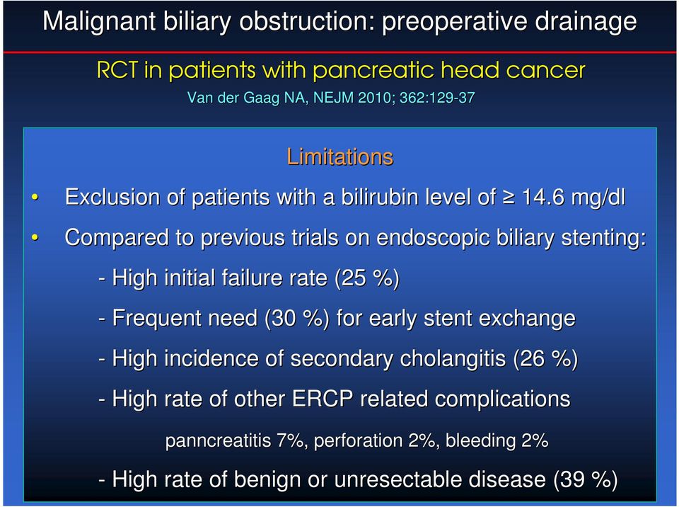 6 mg/dl Compared to previous trials on endoscopic biliary stenting: - High initial failure rate (25 %) - Frequent need (30