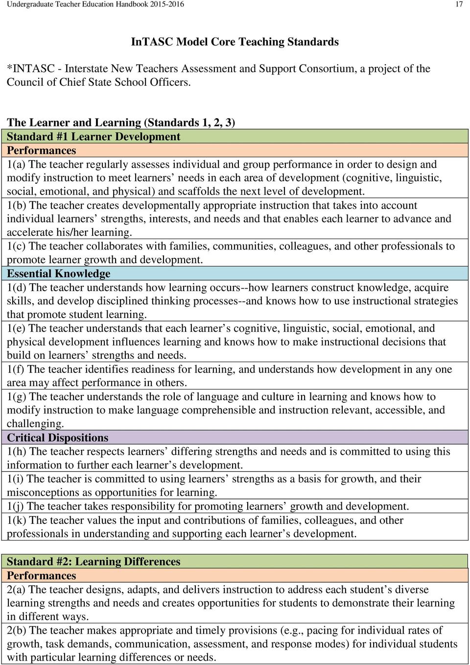 The Learner and Learning (Standards 1, 2, 3) Standard #1 Learner Development Performances 1(a) The teacher regularly assesses individual and group performance in order to design and modify