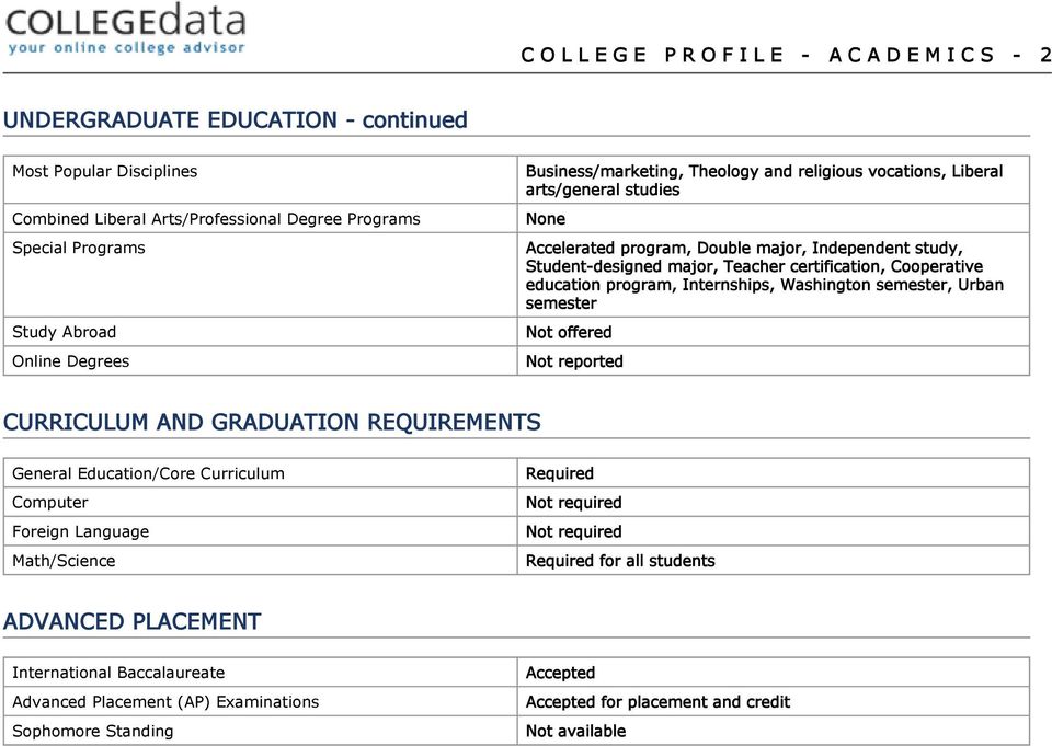 certification, Cooperative education program, Internships, Washington semester, Urban semester Not offered CURRICULUM AND GRADUATION REQUIREMENTS General Education/Core Curriculum Computer Foreign
