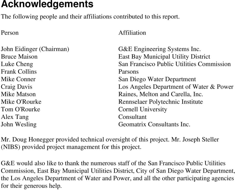 East Bay Municipal Utility District San Francisco Public Utilities Commission Parsons San Diego Water Department Los Angeles Department of Water & Power Raines, Melton and Carella, Inc.