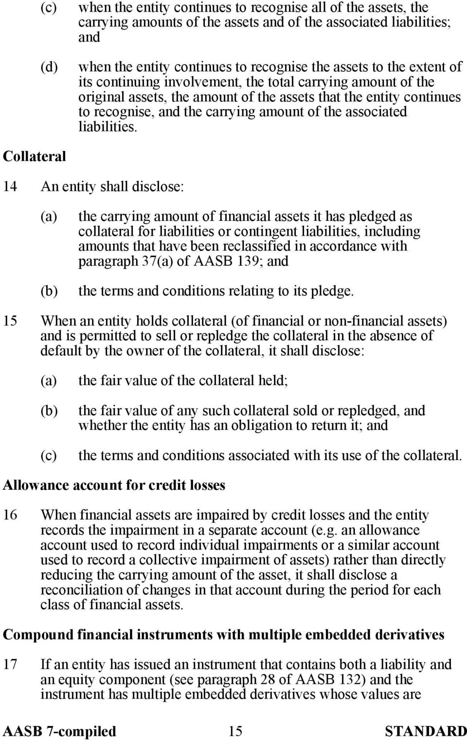 Collateral 14 An entity shall disclose: the carrying amount of financial assets it has pledged as collateral for liabilities or contingent liabilities, including amounts that have been reclassified