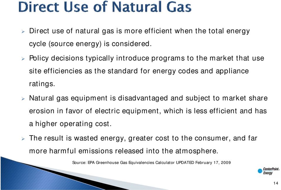 Natural gas equipment is disadvantaged and subject to market share erosion in favor of electric equipment, which is less efficient and has a higher