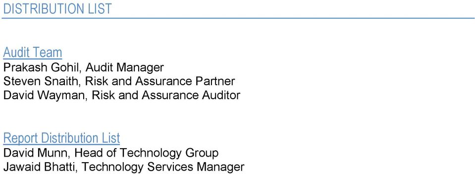 and Assurance Auditor Report Distribution List David Munn,