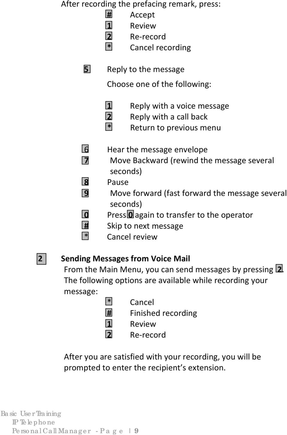 transfer to the operator # Skip to next message * Cancel review 2 Sending Messages from Voice Mail From the Main Menu, you can send messages by pressing 2.