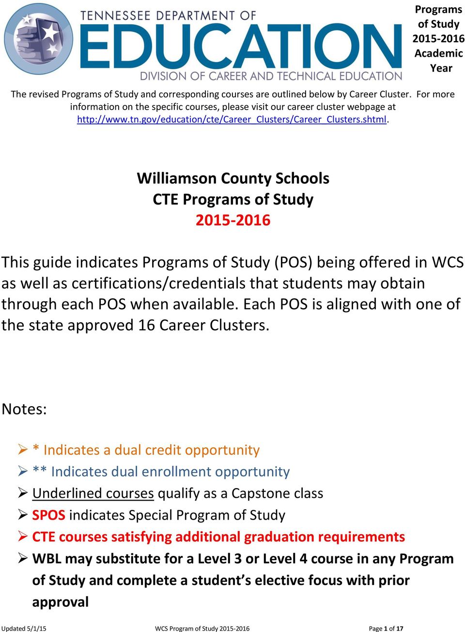 Williamson County Schools CTE Programs of 2015-2016 This guide indicates Programs of (POS) being offered in WCS as well as certifications/credentials that students may obtain through each POS when