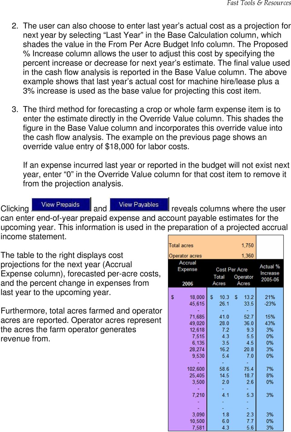 The final value used in the cash flow analysis is reported in the Base Value column.