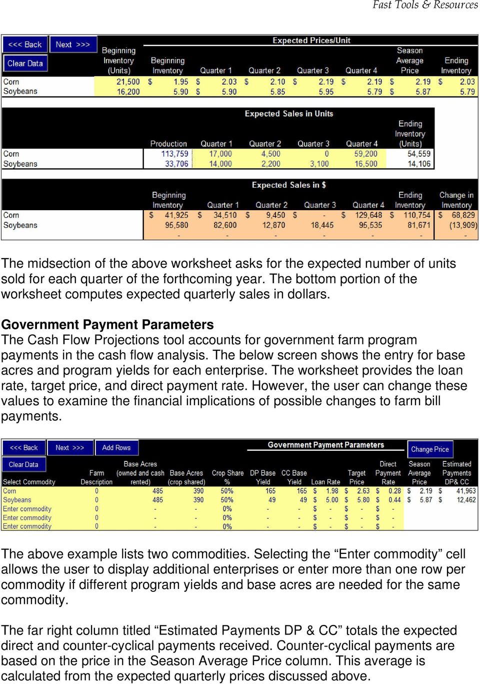 Government Payment Parameters The Cash Flow Projections tool accounts for government farm program payments in the cash flow analysis.
