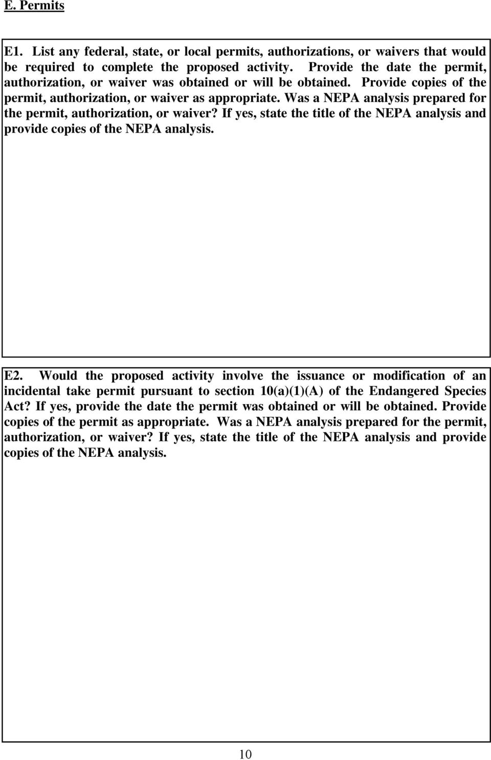 Was a NEPA analysis prepared for the permit, authorization, or waiver? If yes, state the title of the NEPA analysis and provide copies of the NEPA analysis. E2.