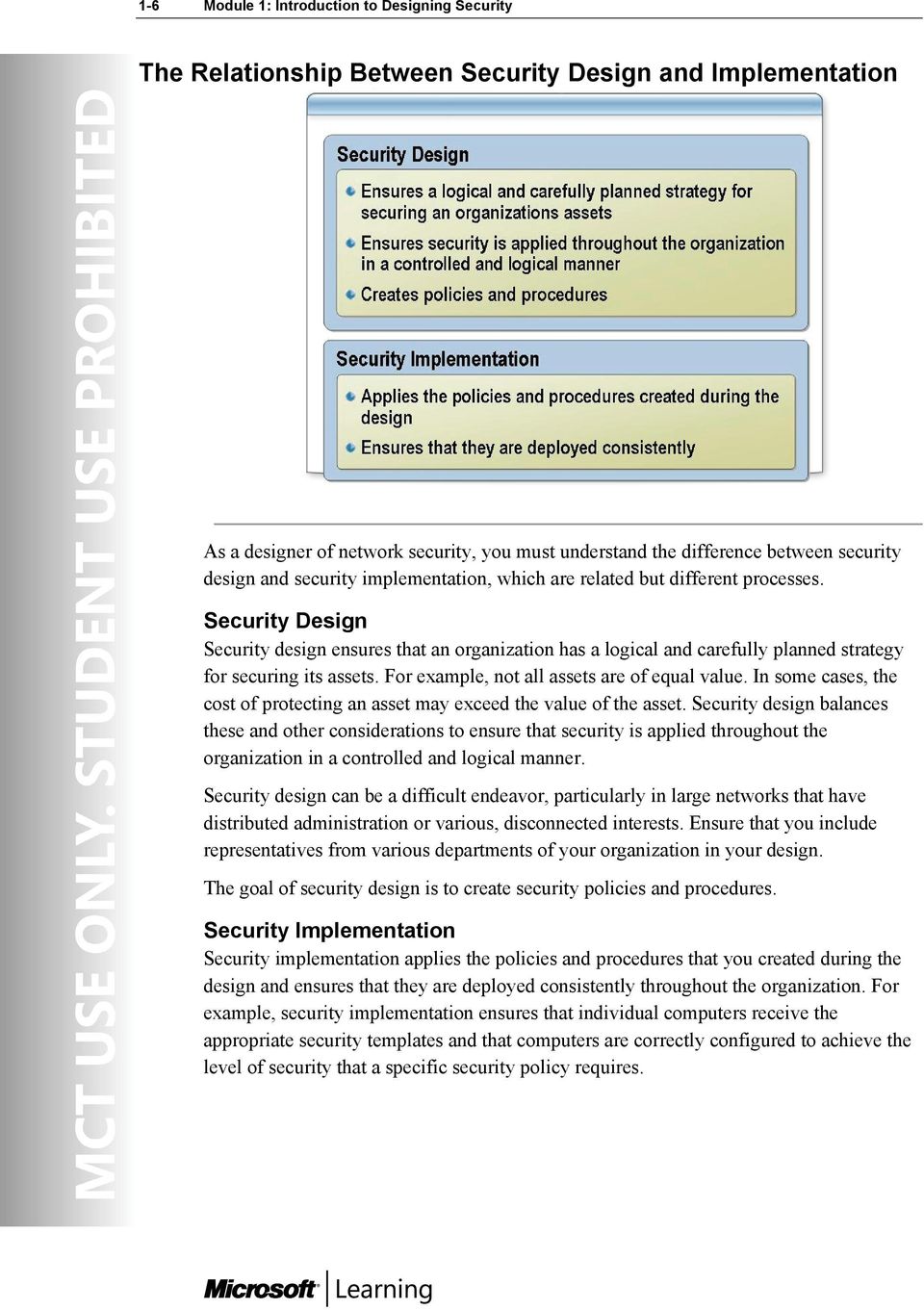 Security Design Security design ensures that an organization has a logical and carefully planned strategy for securing its assets. For example, not all assets are of equal value.