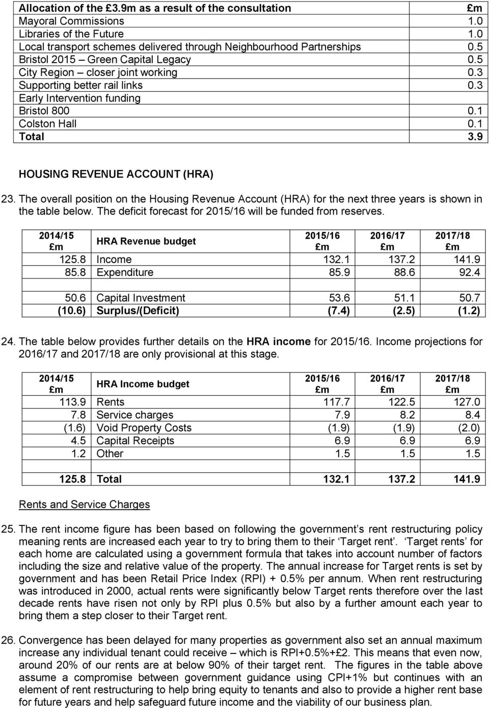9 HOUSING REVENUE ACCOUNT (HRA) 23. The overall position on the Housing Revenue Account (HRA) for the next three years is shown in the table below.