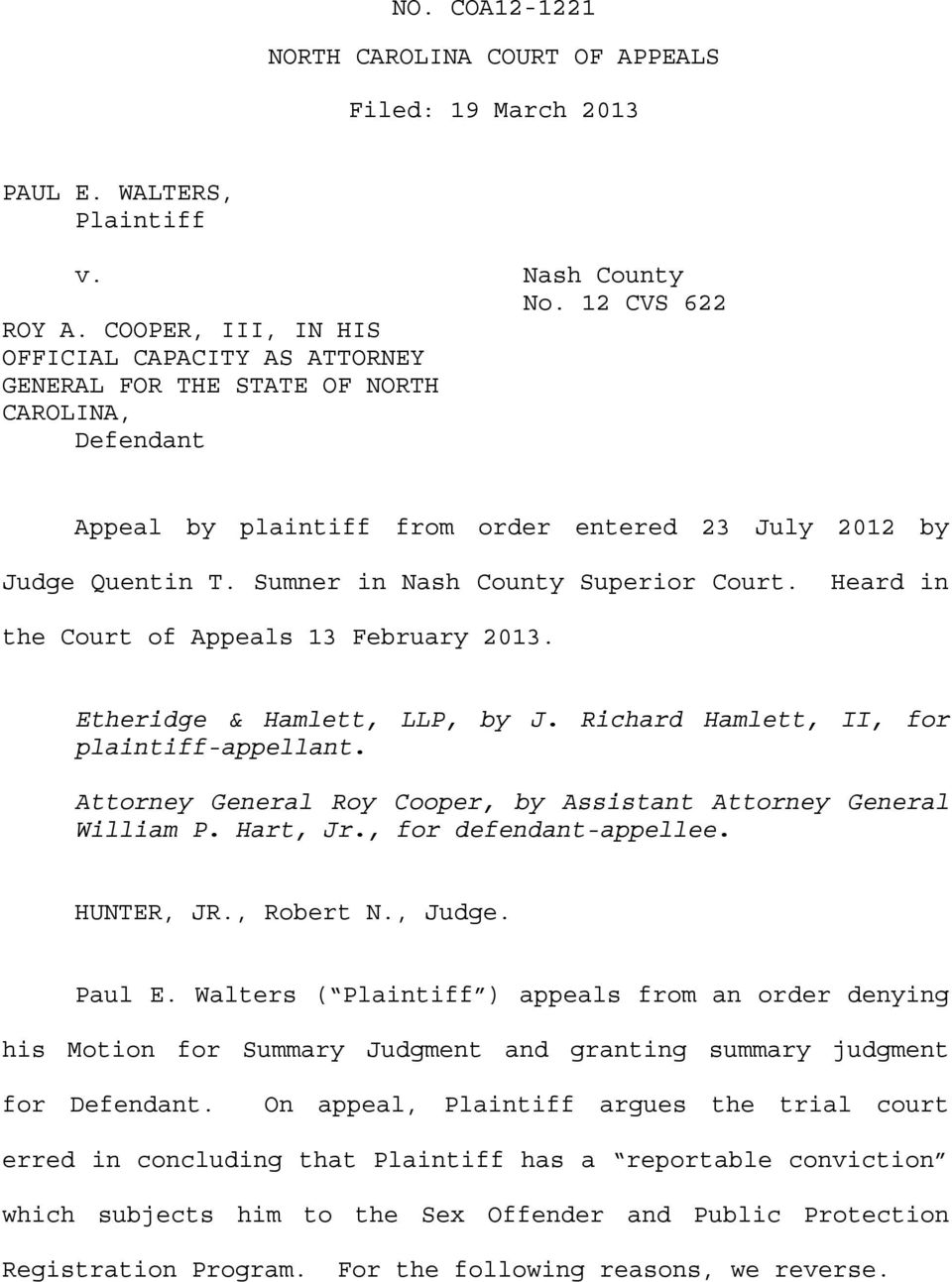 Sumner in Nash County Superior Court. Heard in the Court of Appeals 13 February 2013. Etheridge & Hamlett, LLP, by J. Richard Hamlett, II, for plaintiff-appellant.