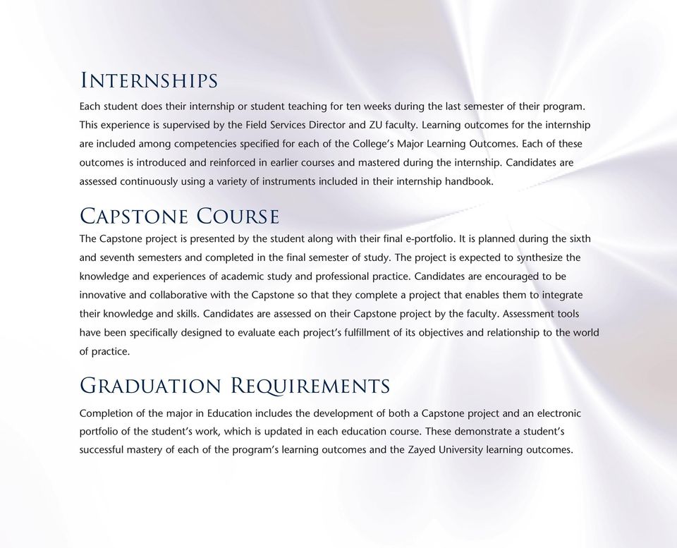 Each of these outcomes is introduced and reinforced in earlier courses and mastered during the internship.