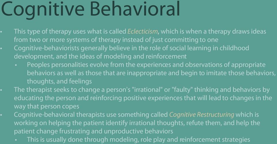 observations of appropriate behaviors as well as those that are inappropriate and begin to imitate those behaviors, thoughts, and feelings The therapist seeks to change a person's "irrational" or