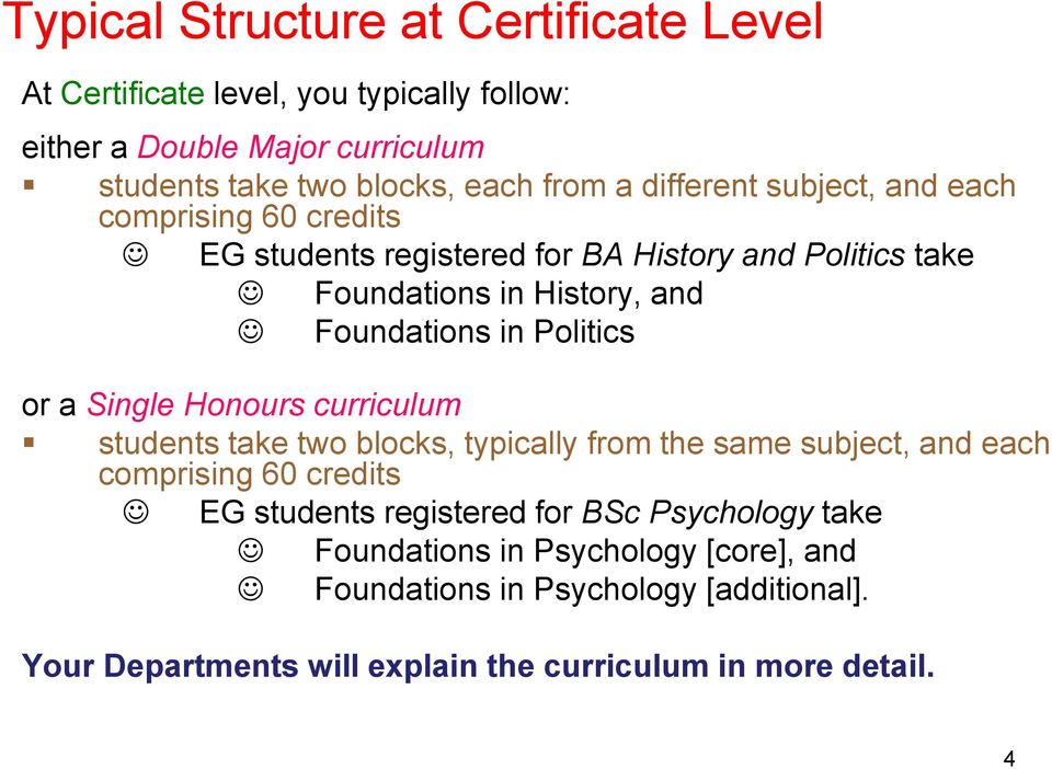 Politics or a Single Honours curriculum students take two blocks, typically from the same subject, and each comprising 60 credits EG students registered