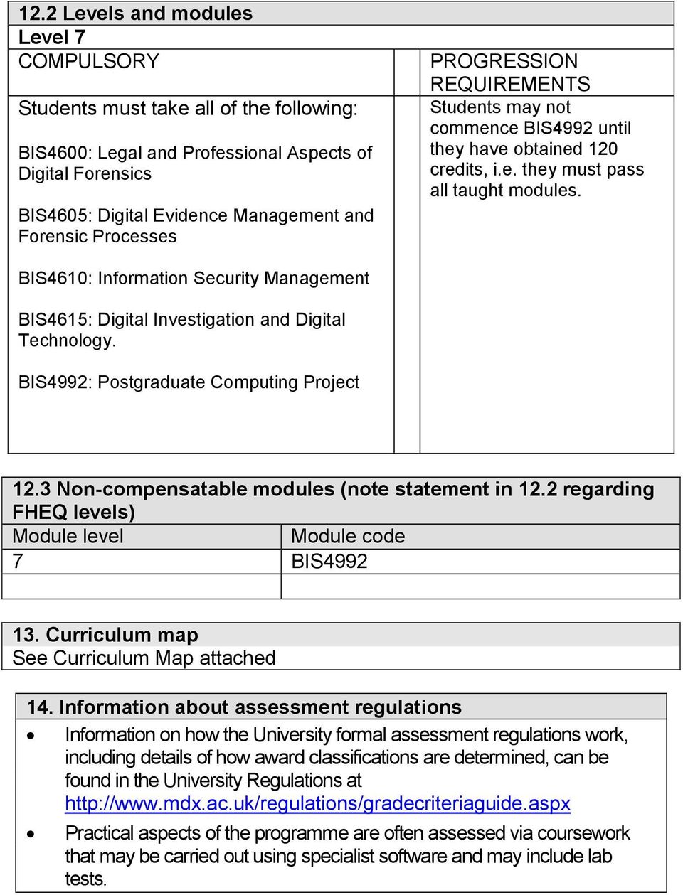 BIS4610: Information Security Management BIS4615: Digital Investigation and Digital Technology. BIS4992: Postgraduate Computing Project 12.3 Non-compensatable modules (note statement in 12.