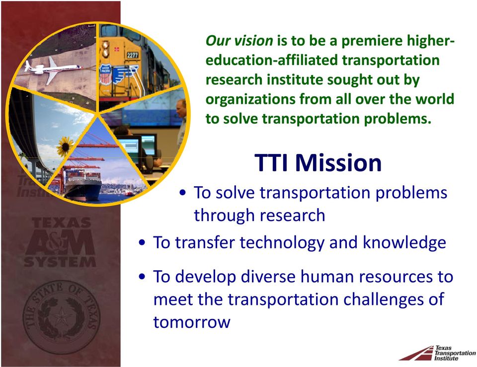TTI Mission i To solve transportation problems through h research To transfer technology