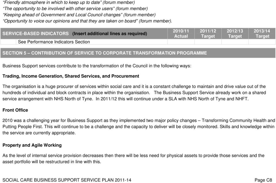 SERVICE-BASED INDICATORS (Insert additional lines as required) See Performance Indicators Section 2010/11 2011/12 2012/13 2013/14 Actual Target Target Target SECTION 5 CONTRIBUTION OF SERVICE TO