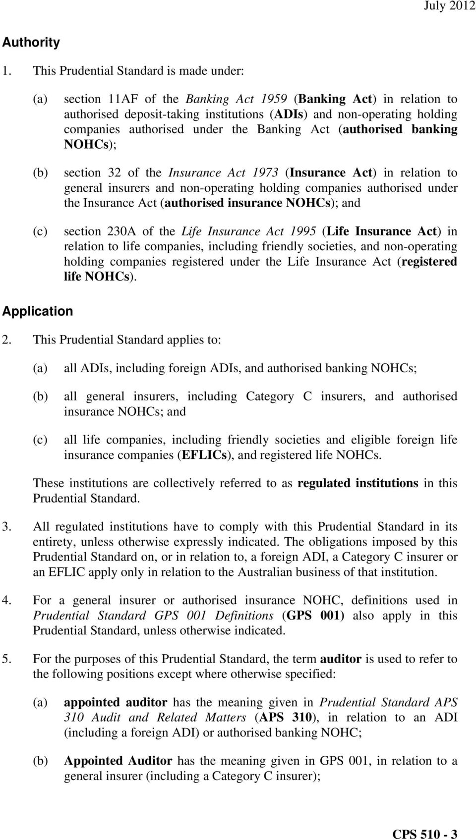 under the Banking Act (authorised banking NOHCs); section 32 of the Insurance Act 1973 (Insurance Act) in relation to general insurers and non-operating holding companies authorised under the