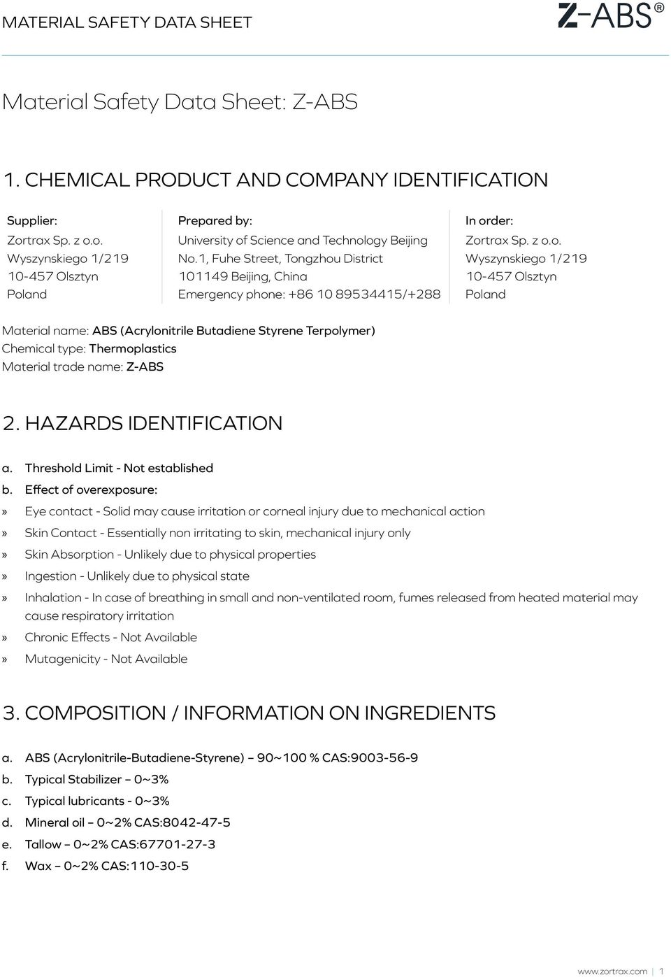 Material Safety Data Sheet: Z-ABS - PDF Free Download
