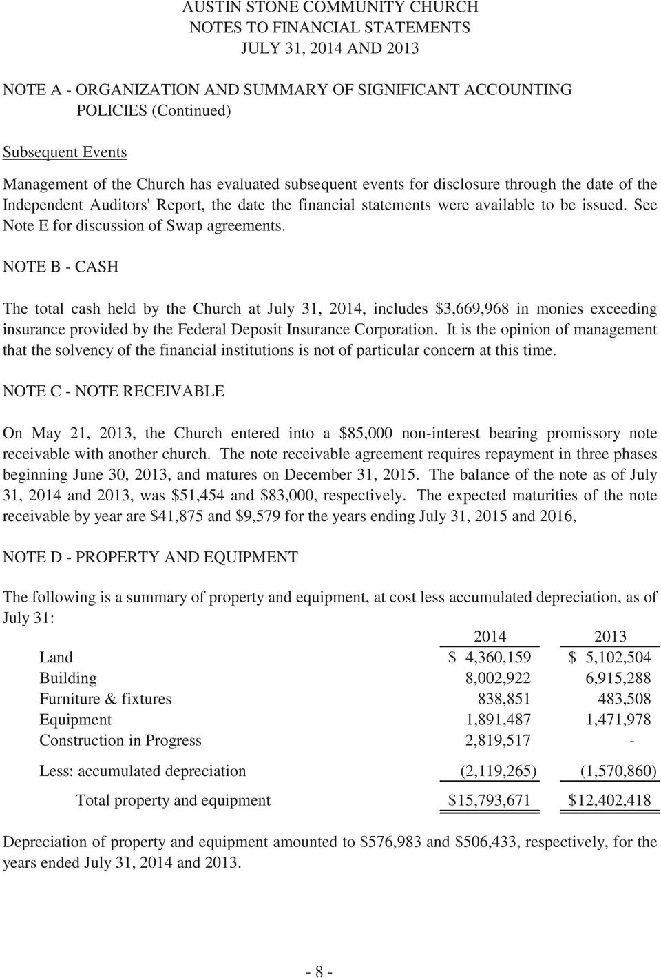 NOTE B - CASH The total cash held by the Church at July 31, 2014, includes $3,669,968 in monies exceeding insurance provided by the Federal Deposit Insurance Corporation.