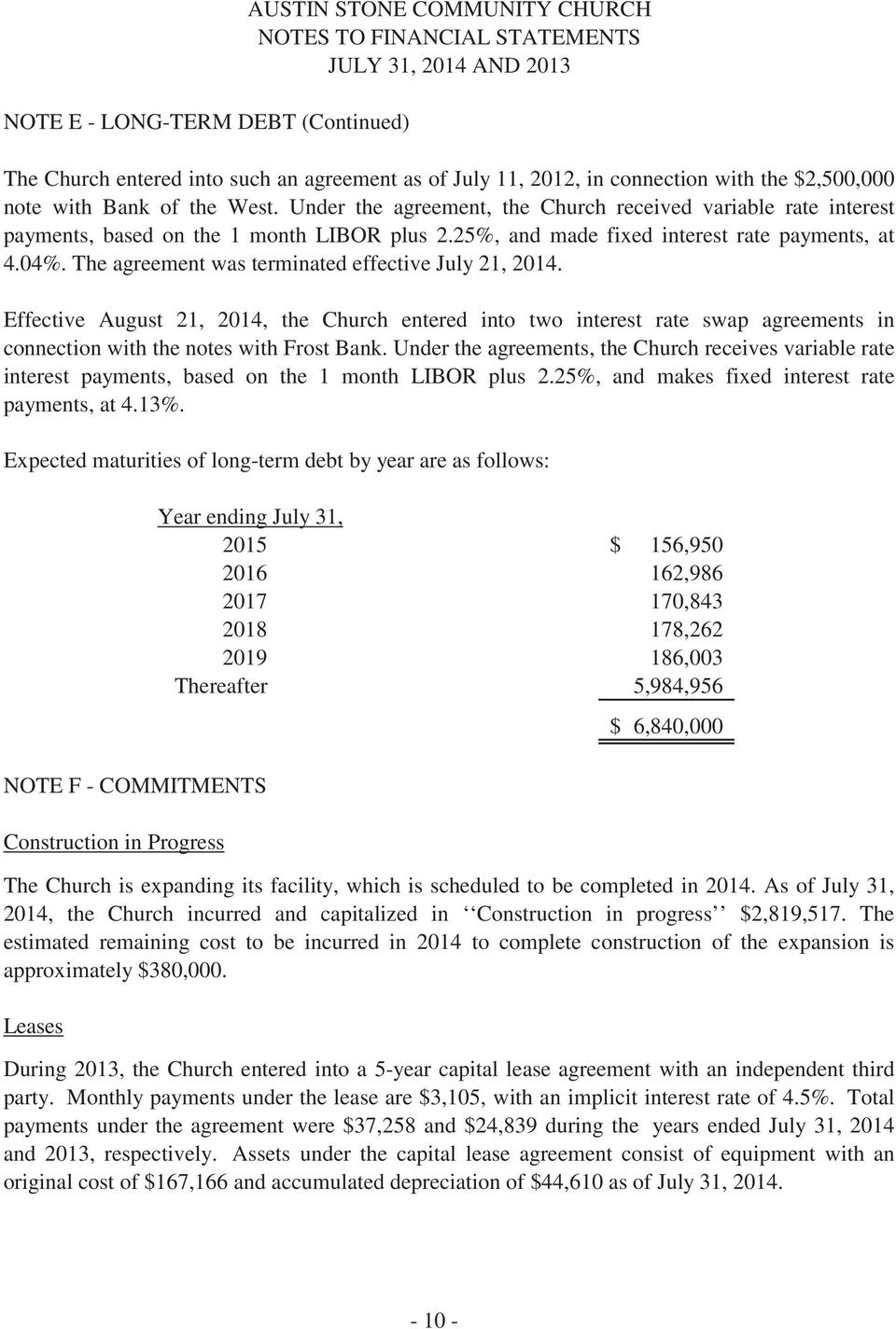 The agreement was terminated effective July 21, 2014. Effective August 21, 2014, the Church entered into two interest rate swap agreements in connection with the notes with Frost Bank.