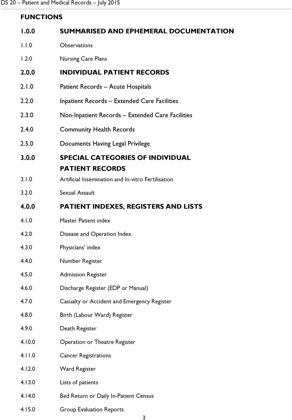 0 Artificial Insemination and In-vitro Fertilisation 3.2.0 Sexual Assault 4.0.0 PATIENT INDEXES, REGISTERS AND LISTS 4.1.0 Master Patient index 4.2.0 Disease and Operation Index 4.3.0 Physicians index 4.