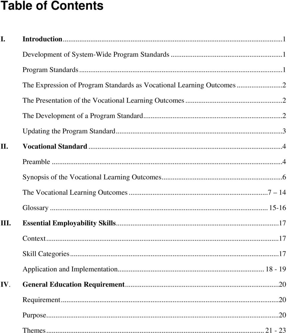..2 The Development of a Program Standard...2 Updating the Program Standard...3 II. Vocational Standard...4 Preamble...4 Synopsis of the Vocational Learning Outcomes.