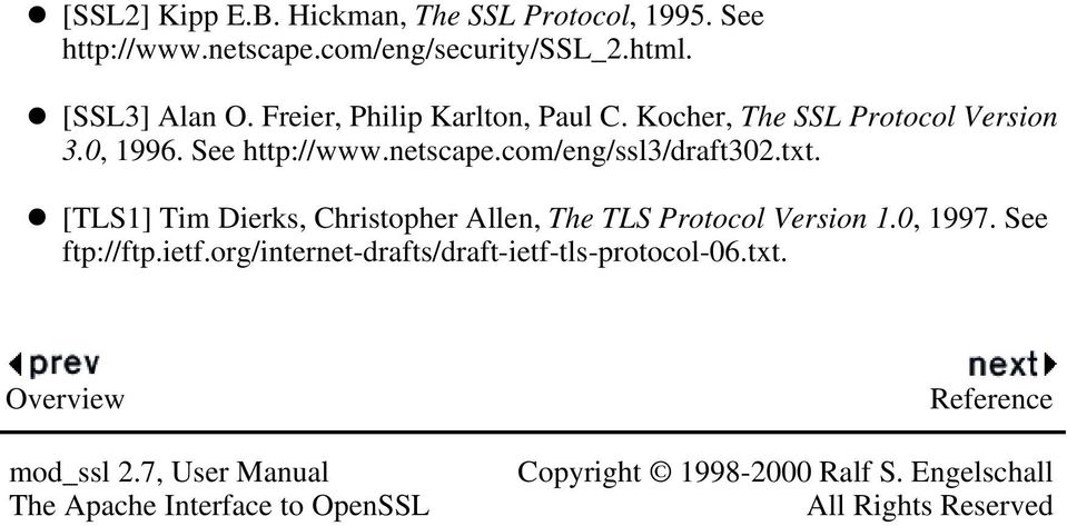 [TLS1] Tim Dierks, Christopher Allen, The TLS Protocol Version 1.0, 1997. See ftp://ftp.ietf.